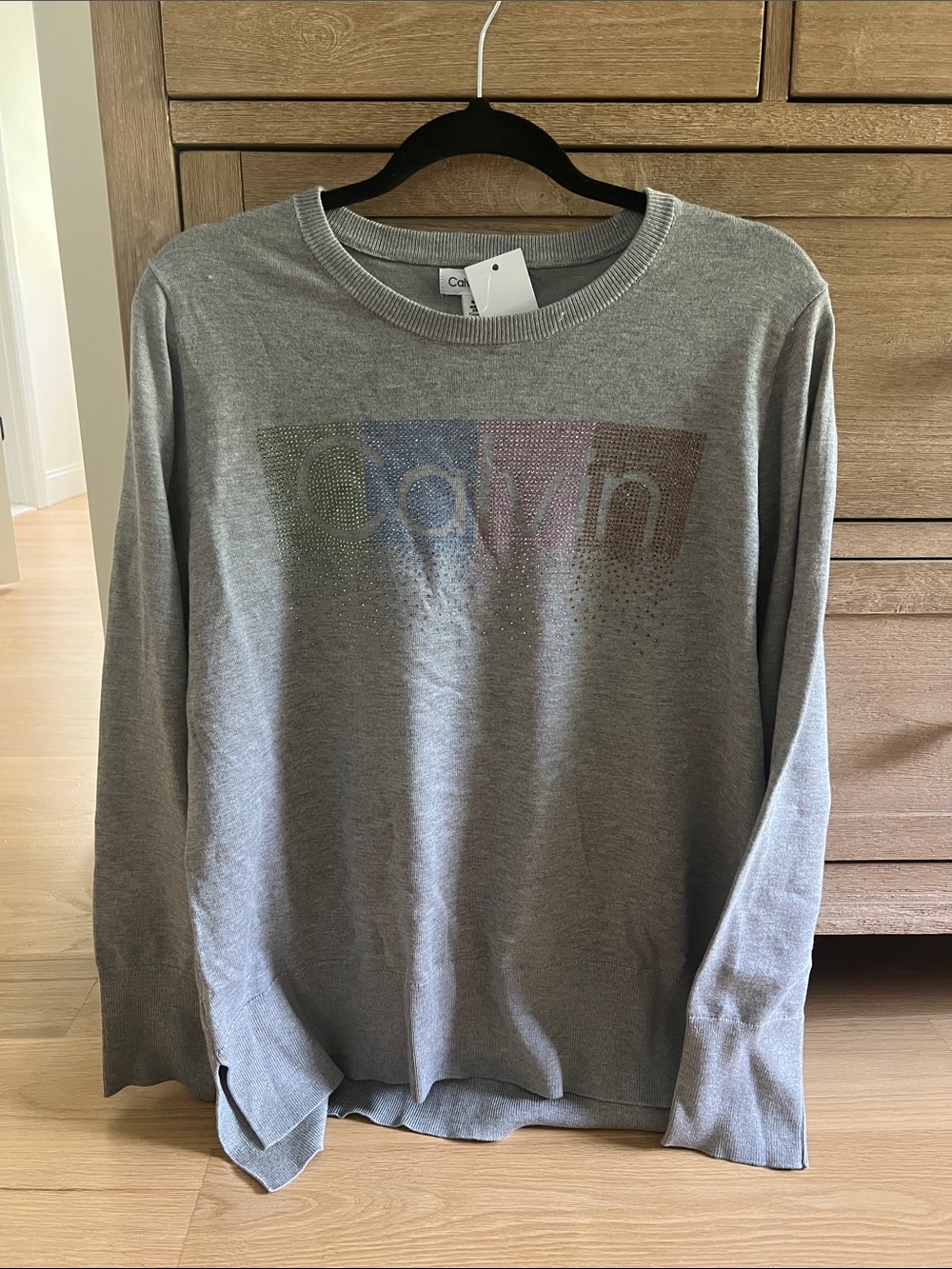 Calvin Klein Gray Crewneck Sweater with Multicolor Rhinestone Logo